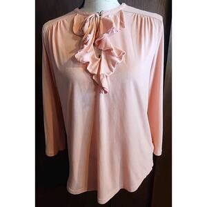 Chaps Denim Pink Ruffle Cotton Blend 3/4 Sleeves Keyhole Neck Line Blouse SZ PL